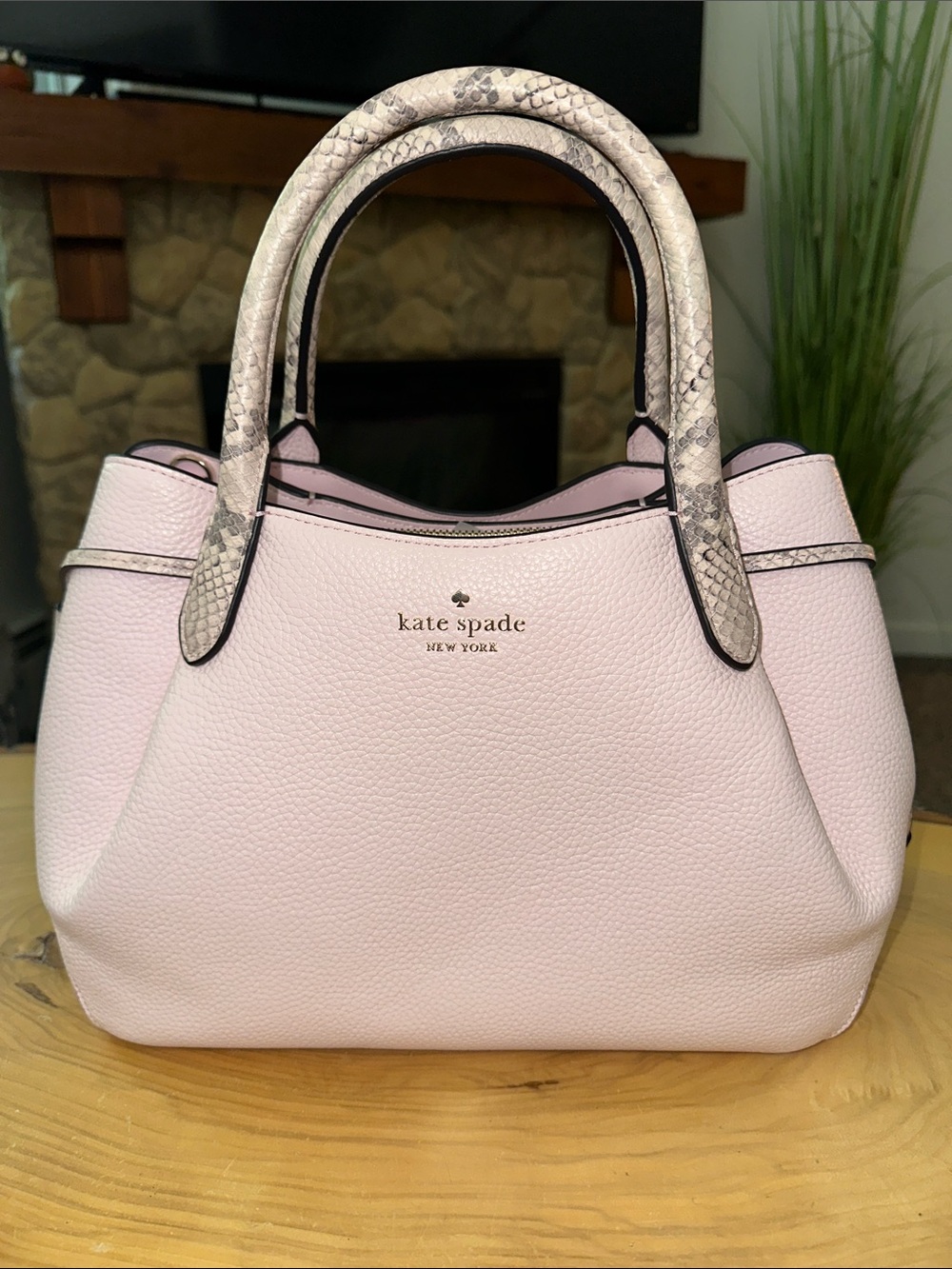 kate spade Light Pink Pebbled Leather Satchel with Snake-Print Handles NWOT!